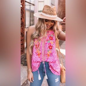 NWOT Impressions Embroidered Tassel Top